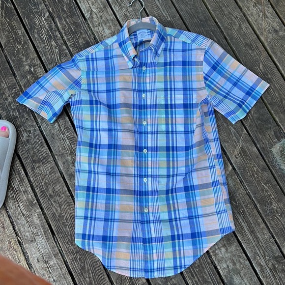 Brooks Brothers Mens button down shirt plaid checkered blue size S short sleeves - Picture 8 of 14